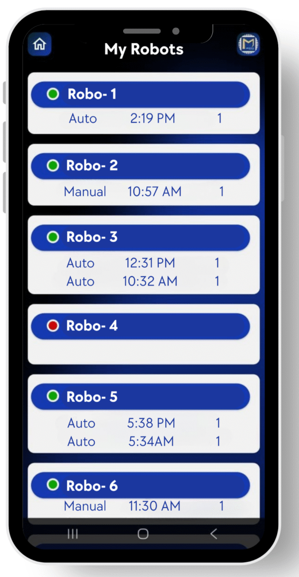 Mrobotics app listing robots with their mode and last cleaning time