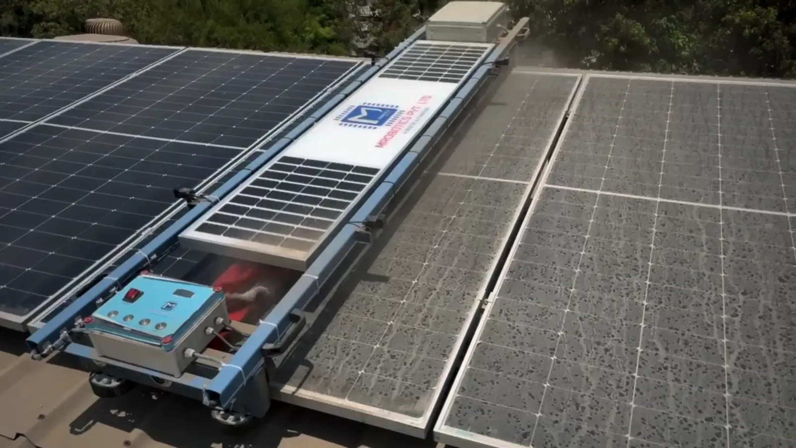 Solar Glide robot travelling along a dusty panel row